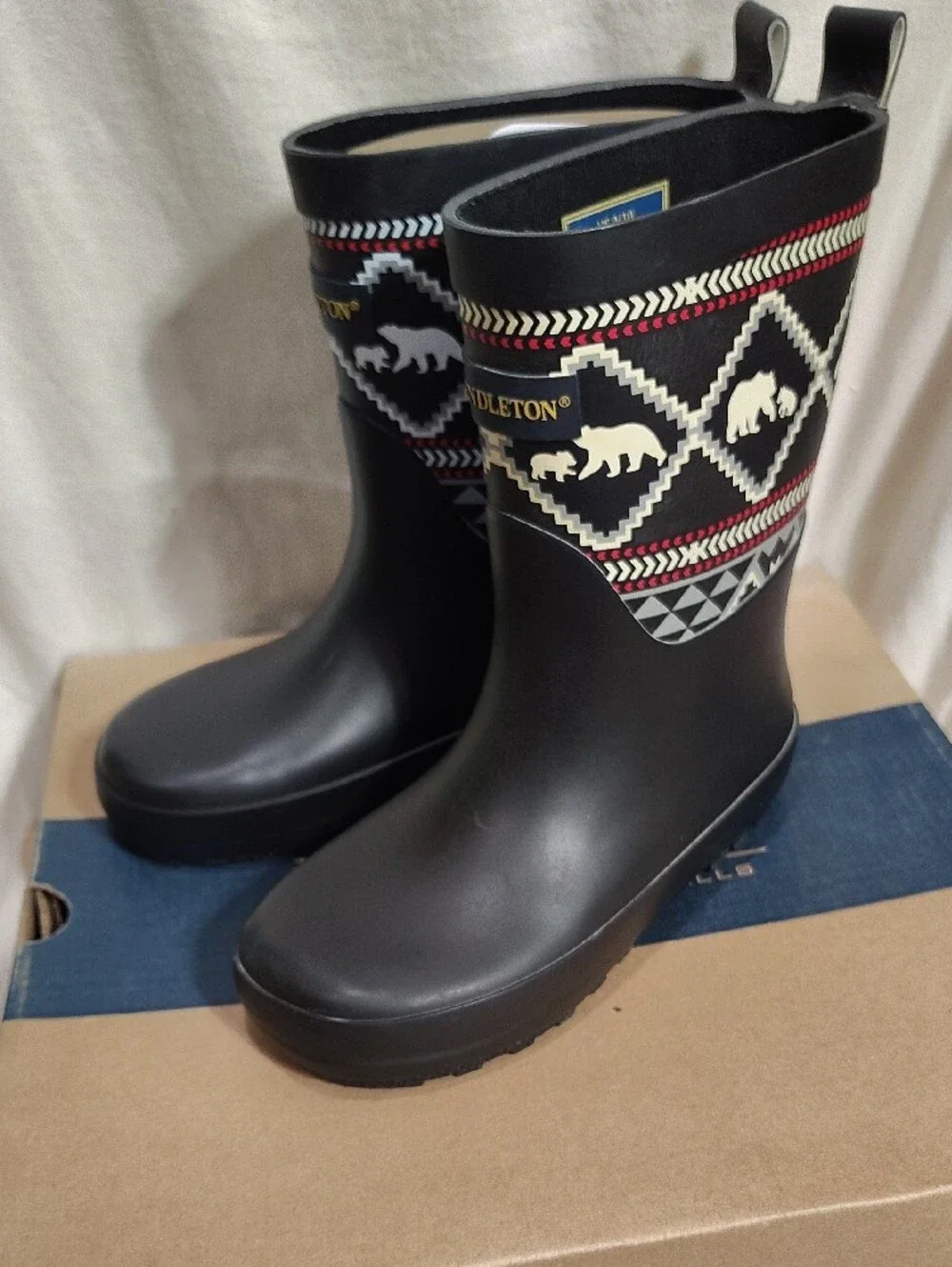 Pendleton  Kids Black Rubber Boots with Aztec Trim